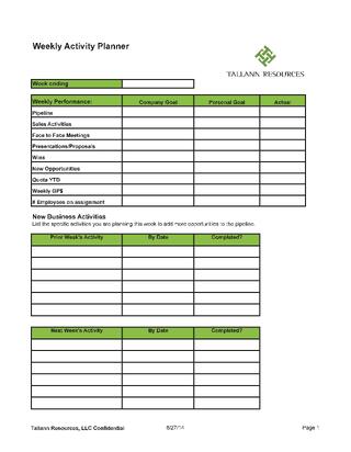 Tallann Resources Weekly Sales Activity Planner